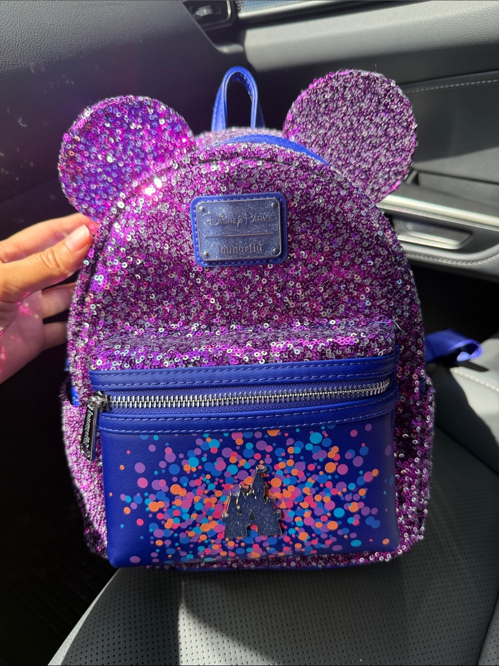 Loungefly Kids Purple Sequin Minnie Ear Mini Backpack with Blue Confetti Pocket